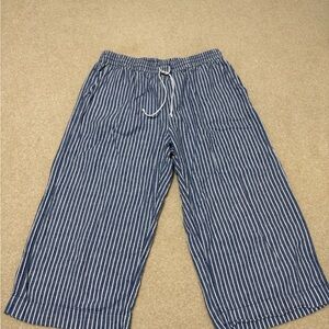 Beach Lunch Lounge Crop Linen Navy and White Striped Pants